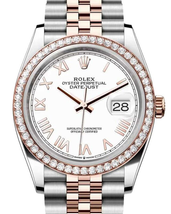 Rolex Datejust 36 Rose Gold/Steel New White Roman Dial & Diamond Bezel Jubilee Bracelet 126281RBR
