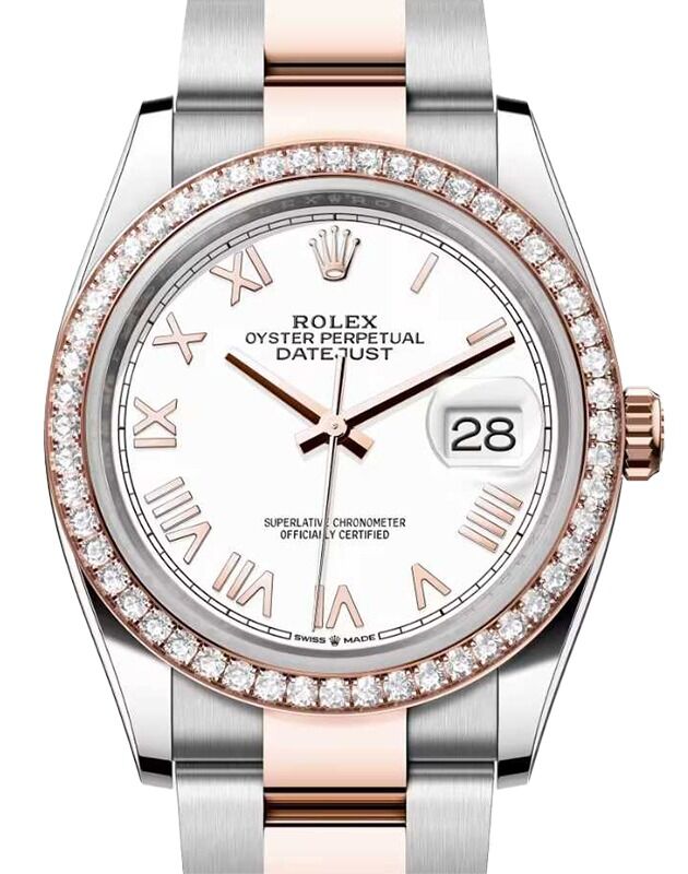 Rolex Datejust 36 Rose Gold/Steel New White Roman Dial & Diamond Bezel Oyster Bracelet 126281RBR