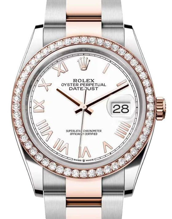 Rolex Datejust 36 Rose Gold/Steel New White Roman Dial & Diamond Bezel Oyster Bracelet 126281RBR