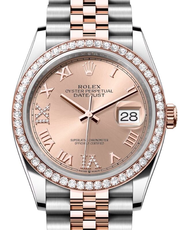 Rolex Datejust 36 Rose Gold/Steel Rose Roman Diamond VIIX Dial & Diamond Bezel Jubilee Bracelet 126281RBR