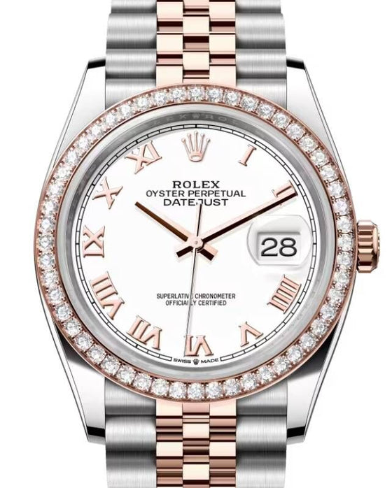 Rolex Datejust 36 Rose Gold/Steel White Roman Dial & Diamond Bezel Jubilee Bracelet 126281RBR