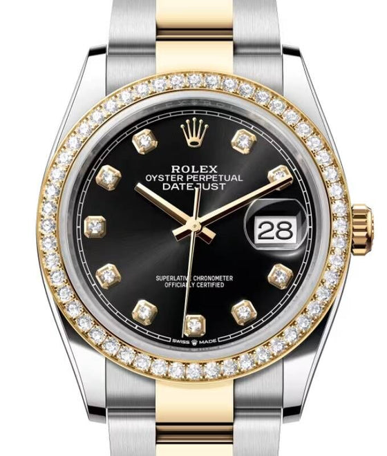 Rolex Datejust 36 Yellow Gold/Steel Bright Black Diamond Dial & Diamond Bezel Oyster Bracelet 126283RBR