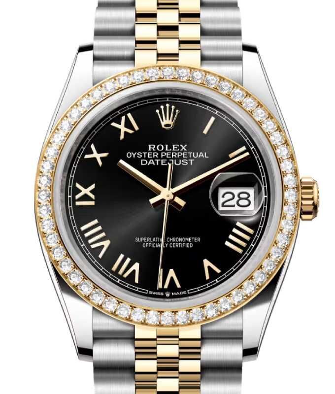 Rolex Datejust 36 Yellow Gold/Steel Bright Black Roman Dial Diamond Bezel Jubilee Bracelet 126283RBR