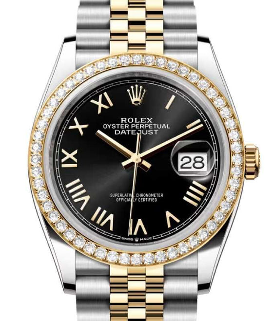 Rolex Datejust 36 Yellow Gold/Steel Bright Black Roman Dial Diamond Bezel Jubilee Bracelet 126283RBR