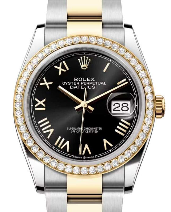 Rolex Datejust 36 Yellow Gold/Steel Bright Black Roman Dial Diamond Bezel Oyster Bracelet 126283RBR