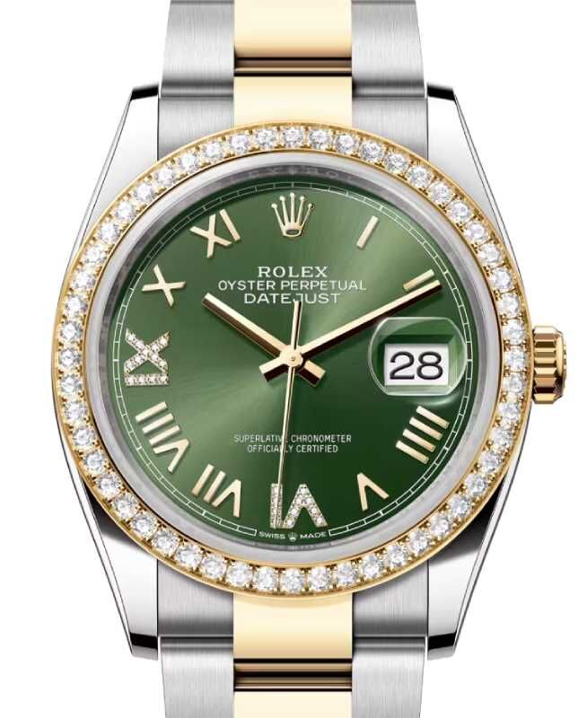 Rolex Datejust 36 Yellow Gold/Steel New Olive Green Roman Diamond VIIX Dial & Bezel Oyster Bracelet 126283RBR