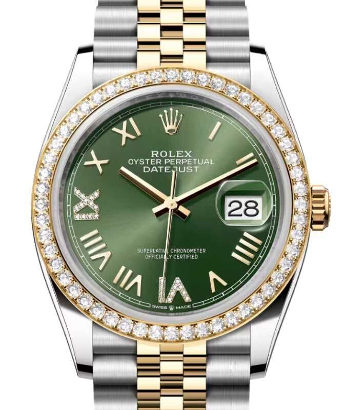 Rolex Datejust 36 Yellow Gold/Steel New Olive Green Roman Diamond VIIX Dial & Bezel Jubilee Bracelet 126283RBR