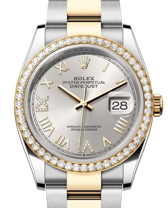 Rolex Datejust 36 Yellow Gold/Steel New Silver Roman Diamond VIIX Dial & Bezel Oyster Bracelet 126283RBR