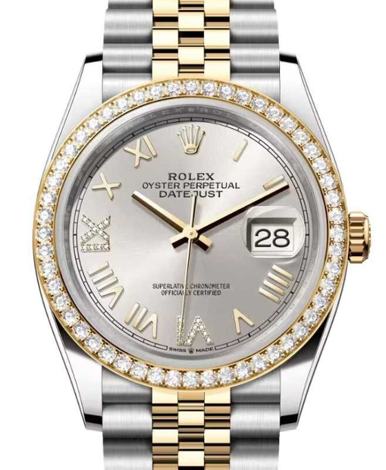 Rolex Datejust 36 Yellow Gold/Steel New Silver Roman Diamond VIIX Dial & Bezel Jubilee Bracelet 126283RBR