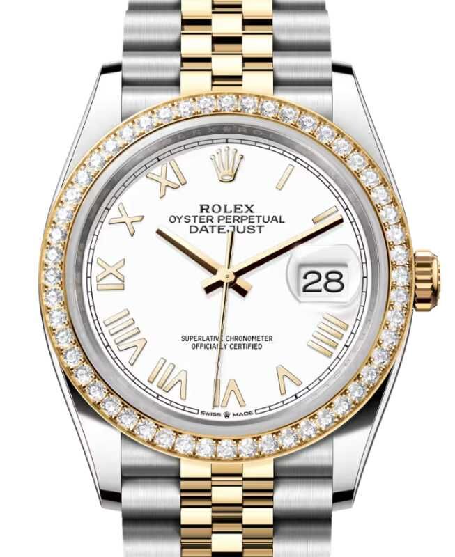Rolex Datejust 36 Yellow Gold/Steel New White Roman Dial Diamond Bezel Jubilee Bracelet 126283RBR