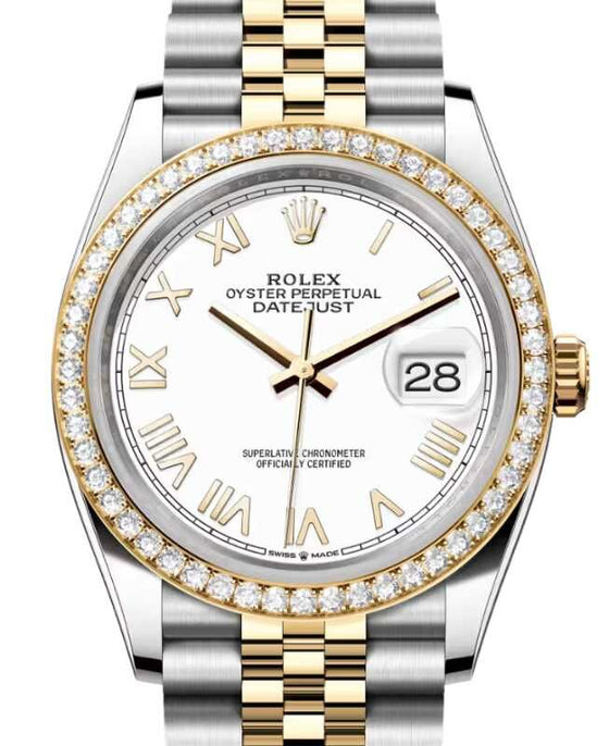 Rolex Datejust 36 Yellow Gold/Steel New White Roman Dial Diamond Bezel Jubilee Bracelet 126283RBR