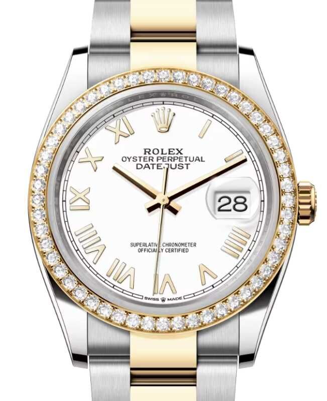 Rolex Datejust 36 Yellow Gold/Steel New White Roman Dial Diamond Bezel Oyster Bracelet 126283RBR
