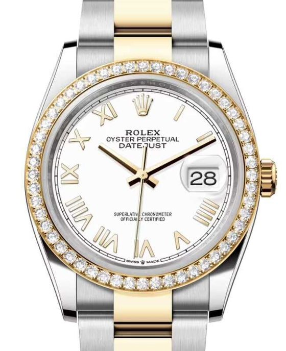 Rolex Datejust 36 Yellow Gold/Steel New White Roman Dial Diamond Bezel Oyster Bracelet 126283RBR