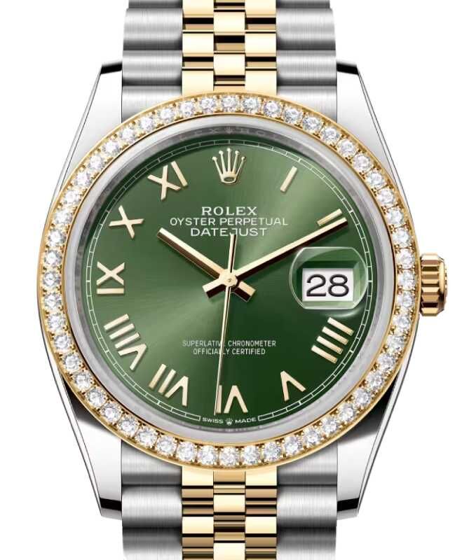 Rolex Datejust 36 Yellow Gold/Steel Olive Green Roman Dial Diamond Bezel Jubilee Bracelet 126283RBR