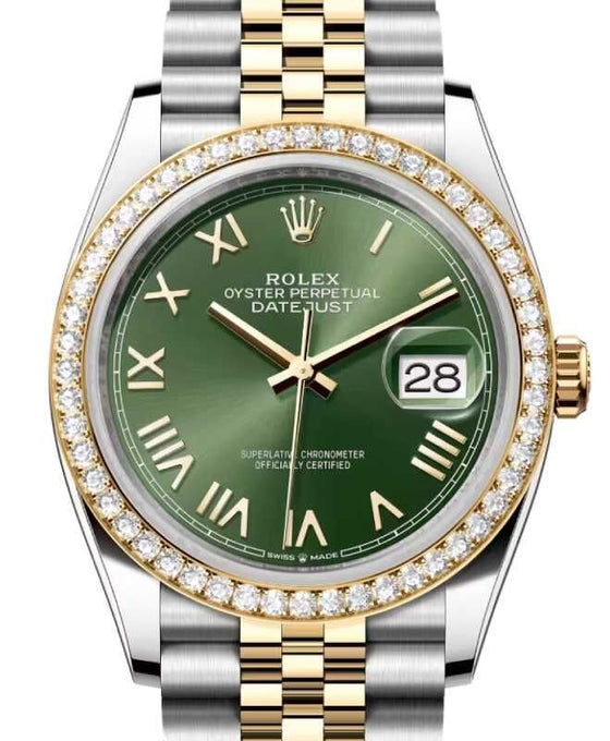 Rolex Datejust 36 Yellow Gold/Steel Olive Green Roman Dial Diamond Bezel Jubilee Bracelet 126283RBR