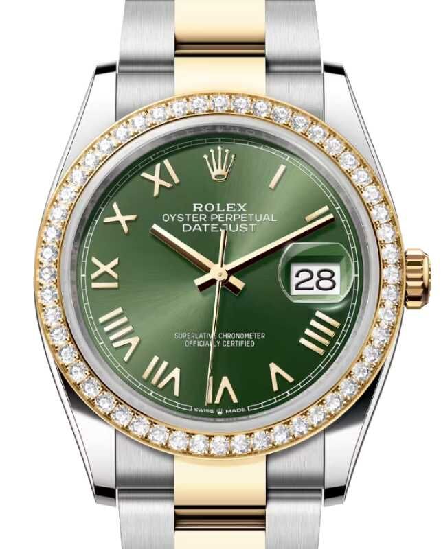 Rolex Datejust 36 Yellow Gold/Steel Olive Green Roman Dial Diamond Bezel Oyster Bracelet 126283RBR
