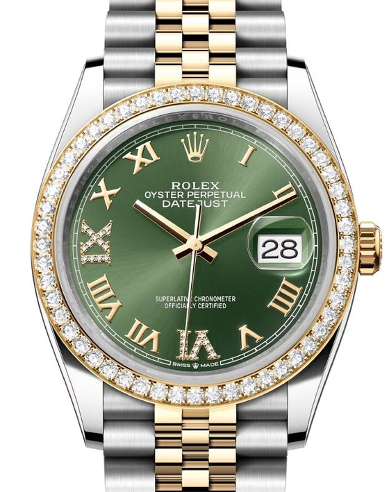 Rolex Datejust 36 Yellow Gold/Steel Olive Green Roman Diamond VIIX Dial & Diamond Bezel Jubilee Bracelet 126283RBR