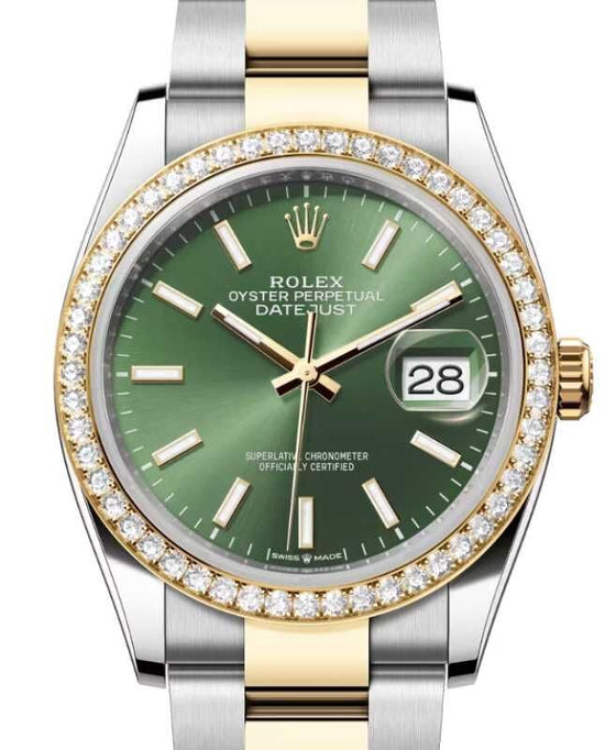 Rolex Datejust 36 Yellow Gold/Steel Olive Green Index Dial Diamond Bezel Oyster Bracelet 126283RBR