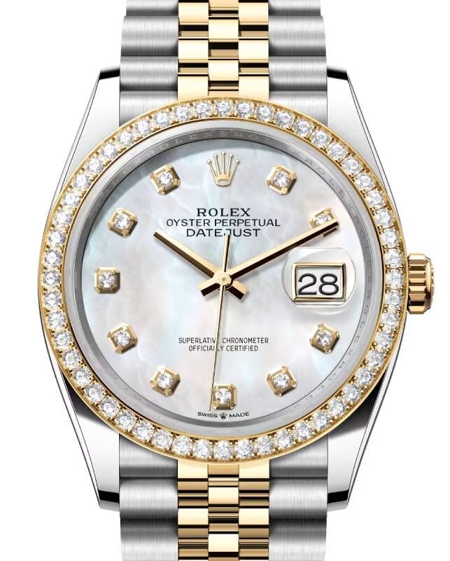 Rolex Datejust 36 Yellow Gold/Steel White Mother of Pearl Diamond Dial & Diamond Bezel Jubilee Bracelet 126283RBR