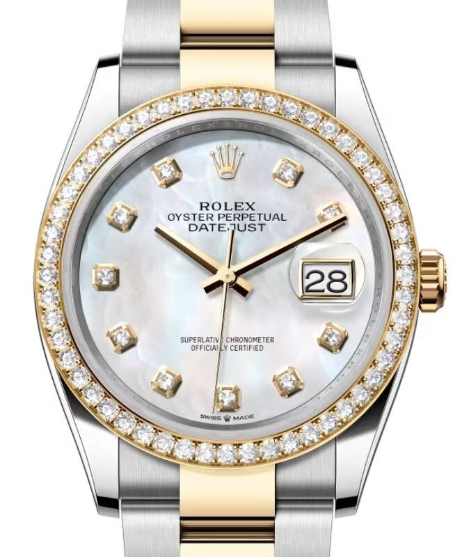 Rolex Datejust 36 Yellow Gold/Steel White Mother of Pearl Diamond Dial & Diamond Bezel Oyster Bracelet 126283RBR