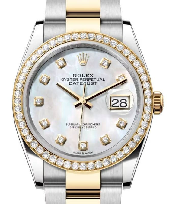 Rolex Datejust 36 Yellow Gold/Steel White Mother of Pearl Diamond Dial & Diamond Bezel Oyster Bracelet 126283RBR