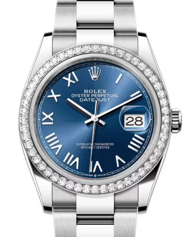 Rolex Datejust 36 White Gold/Steel Bright Blue Roman Dial & Diamond Bezel Oyster Bracelet 126284RBR