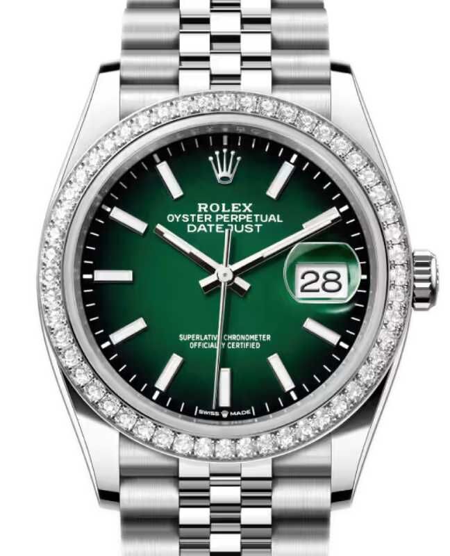 Rolex Datejust 36 White Gold/Steel Green Ombre Index Dial & Diamond Bezel Jubilee Bracelet 126284RBR