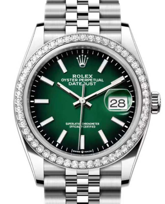 Rolex Datejust 36 White Gold/Steel Green Ombre Index Dial & Diamond Bezel Jubilee Bracelet 126284RBR