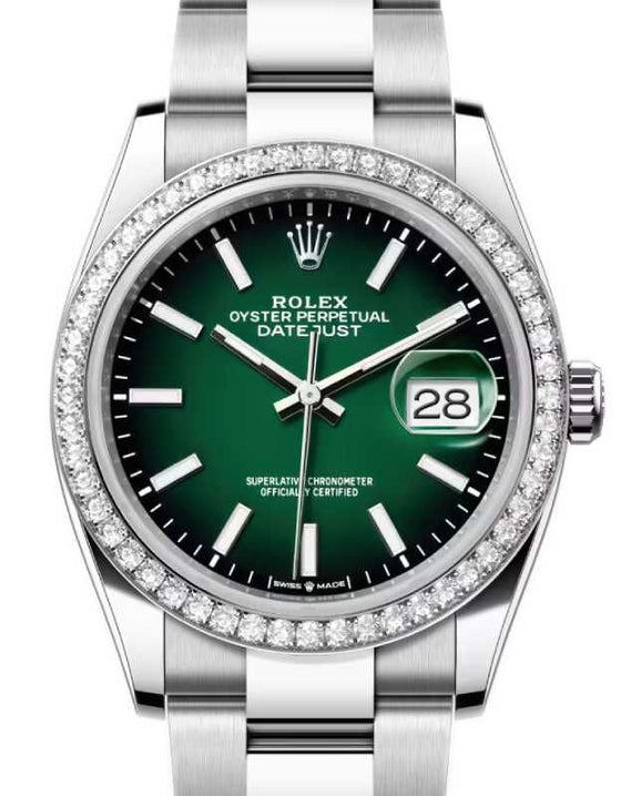 Rolex Datejust 36 White Gold/Steel Green Ombre Index Dial & Diamond Bezel Oyster Bracelet 126284RBR