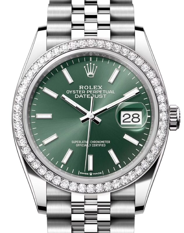 Rolex Datejust 36 White Gold/Steel Mint Green Index Dial Diamond Bezel Jubilee Bracelet 126284RBR