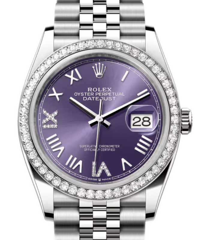 Rolex Datejust 36 White Gold/Steel New Aubergine Roman Diamond VIIX Dial & Bezel Jubilee Bracelet 126284RBR