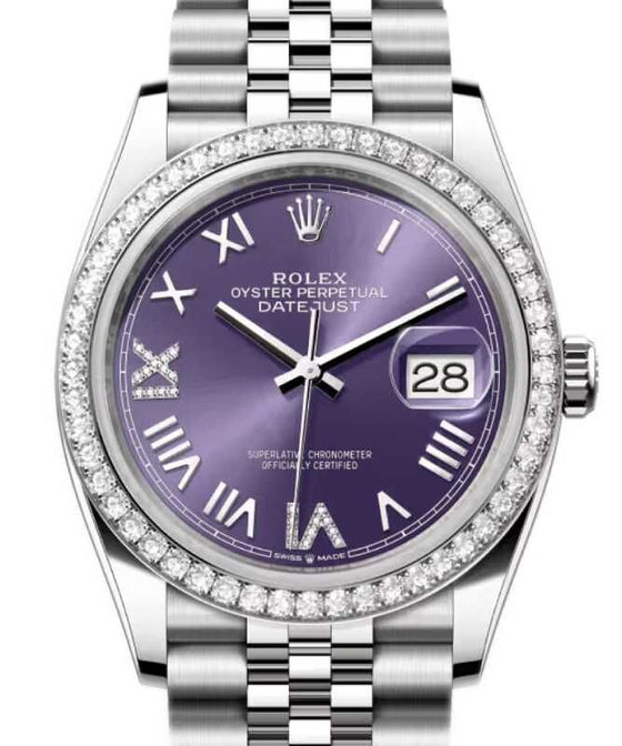 Rolex Datejust 36 White Gold/Steel New Aubergine Roman Diamond VIIX Dial & Bezel Jubilee Bracelet 126284RBR