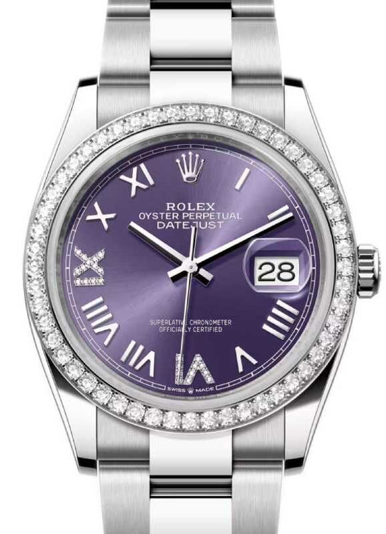 Rolex Datejust 36 White Gold/Steel New Aubergine Roman Diamond VIIX Dial & Bezel Oyster Bracelet 126284RBR