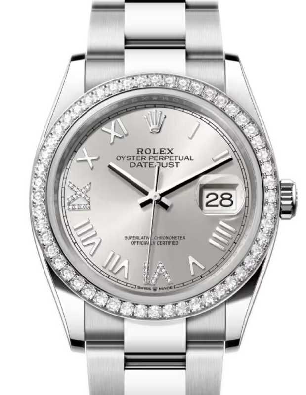 Rolex Datejust 36 White Gold/Steel New Silver Roman Diamond VIIX Dial & Bezel Oyster Bracelet 126284RBR