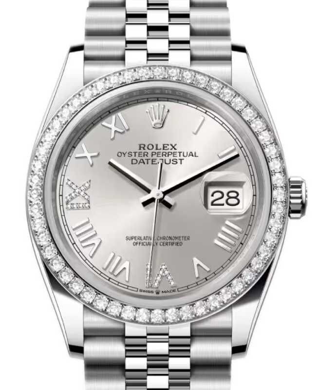 Rolex Datejust 36 White Gold/Steel Silver Roman Diamond VIIX Dial & Bezel Jubilee Bracelet 126284RBR