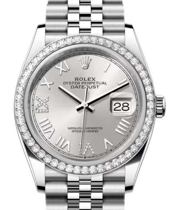 Rolex Datejust 36 White Gold/Steel Silver Roman Diamond VIIX Dial & Bezel Jubilee Bracelet 126284RBR