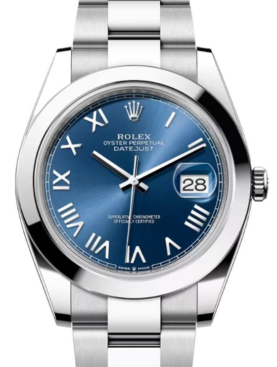Rolex Datejust 41 Stainless Steel Bright Blue Roman Dial Smooth Bezel Oyster Bracelet 126300