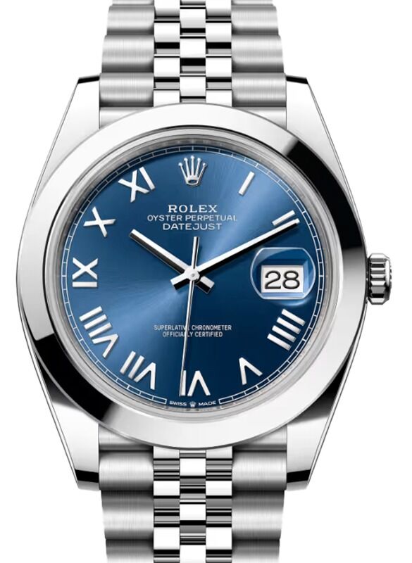Rolex Datejust 41 Stainless Steel Bright Blue Roman Dial Smooth Bezel Jubilee Bracelet 126300