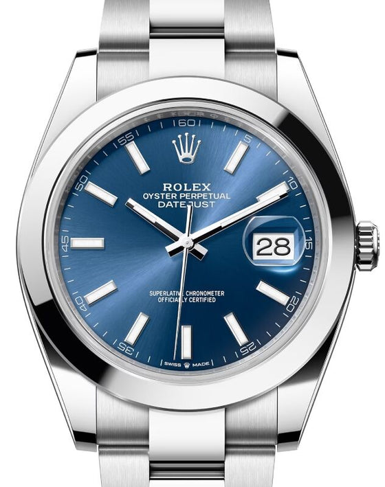 Rolex Datejust 41 Stainless Steel Blue Index Dial Smooth Bezel Oyster Bracelet 126300