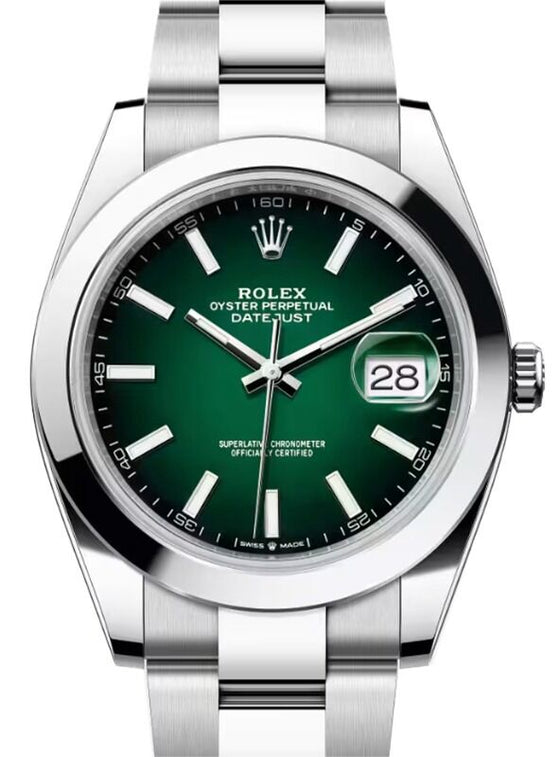 Rolex Datejust 41 Stainless Steel Green Ombre Index Dial Smooth Bezel Oyster Bracelet 126300