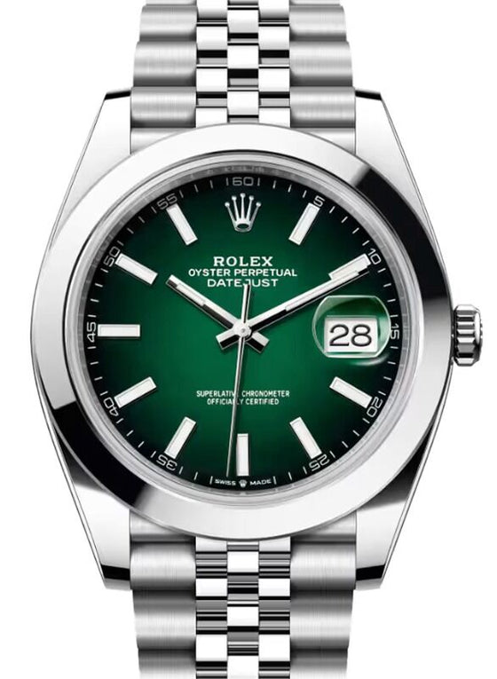 Rolex Datejust 41 Stainless Steel Green Ombre Index Dial Smooth Bezel Jubilee Bracelet 126300