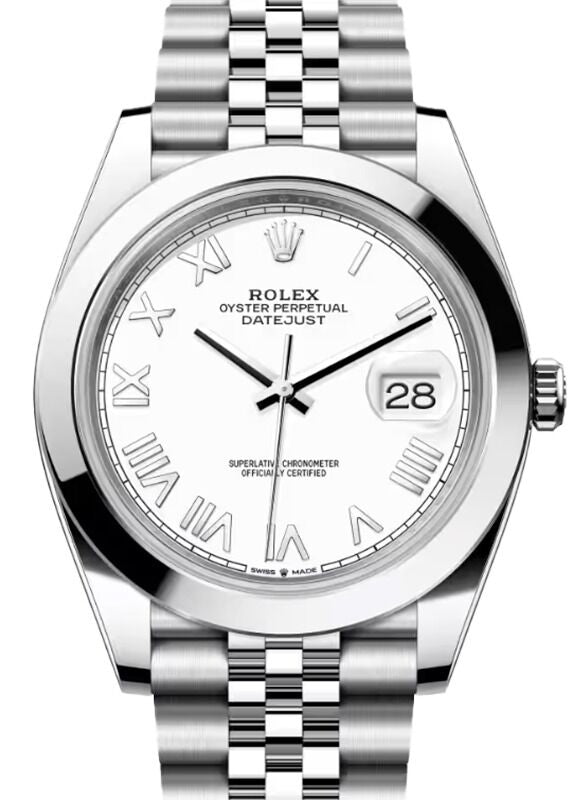 Rolex Datejust 41 Stainless Steel New White Roman Dial Smooth Bezel Jubilee Bracelet 126300