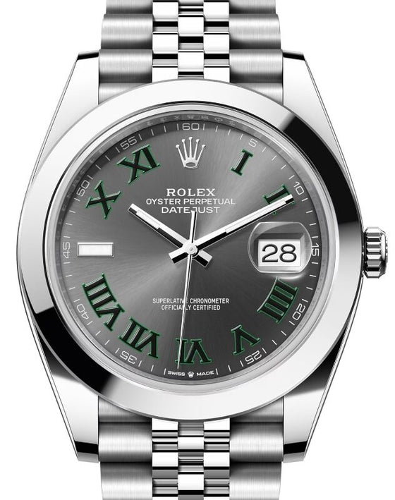 Rolex Datejust 41 Stainless Steel "Wimbledon" Slate Roman Dial Smooth Bezel Jubilee Bracelet 126300