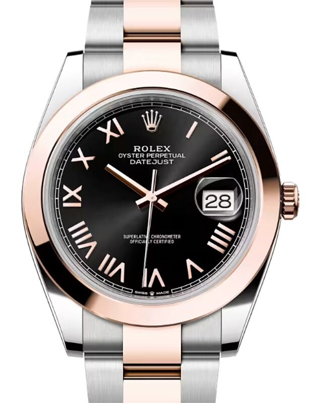 Rolex Datejust 41 Rose Gold/Steel Bright Black Roman Dial Smooth Bezel Oyster Bracelet 126301