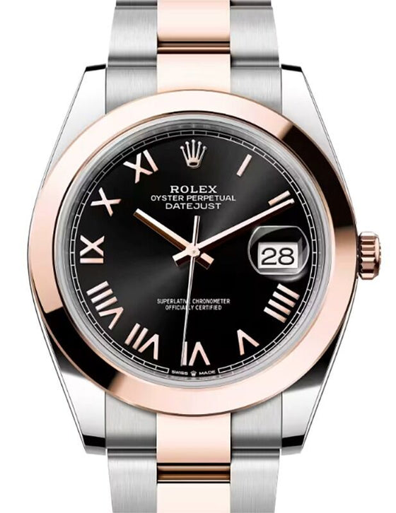 Rolex Datejust 41 Rose Gold/Steel Bright Black Roman Dial Smooth Bezel Oyster Bracelet 126301
