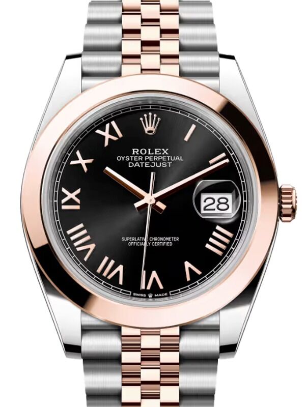 Rolex Datejust 41 Rose Gold/Steel Bright Black Roman Dial Smooth Bezel Jubilee Bracelet 126301