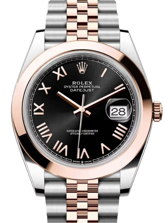 Rolex Datejust 41 Rose Gold/Steel Bright Black Roman Dial Smooth Bezel Jubilee Bracelet 126301