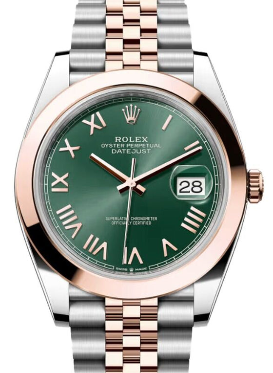 Rolex Datejust 41 Rose Gold/Steel Mint Green Roman Dial Smooth Bezel Jubilee Bracelet 126301
