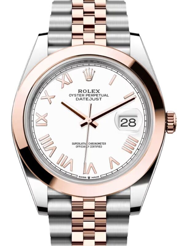 Rolex Datejust 41 Rose Gold/Steel White Roman Dial Smooth Bezel Jubilee Bracelet 126301