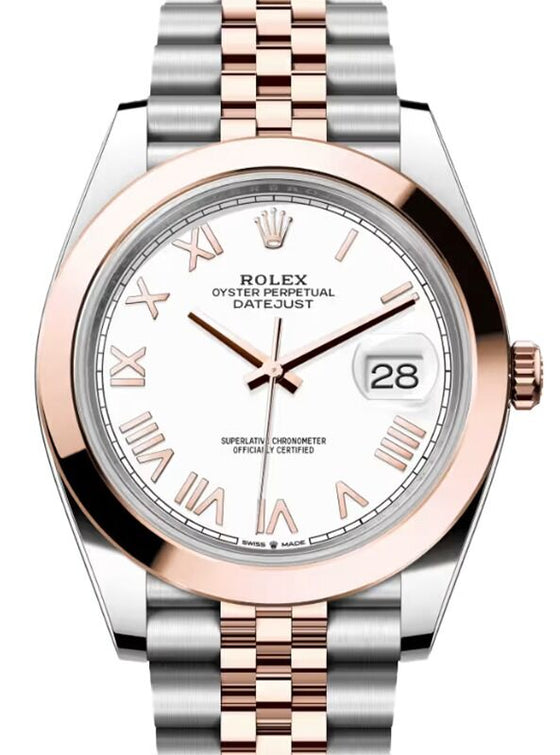 Rolex Datejust 41 Rose Gold/Steel White Roman Dial Smooth Bezel Jubilee Bracelet 126301